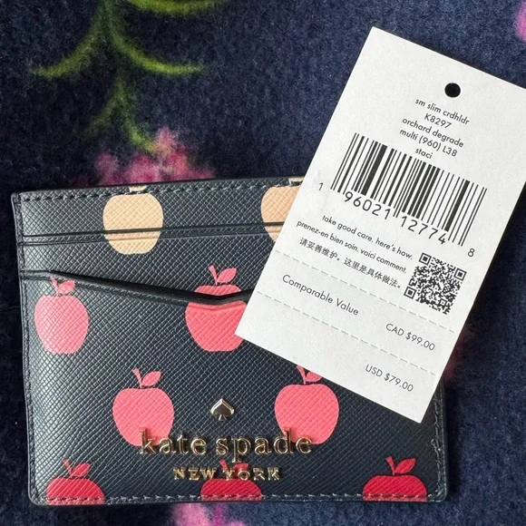 Kate Spade Navy Card Holder with Pink and Red Apples - Picture 4 of 4